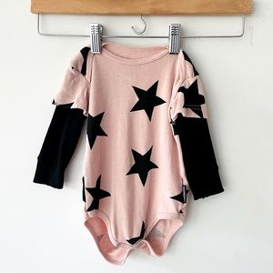 Nununu pink star onesie powder pink bodysuit with black stars 6 months